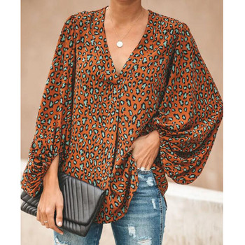 Γυναικεία μπλούζα με στάμπα Leopard Lady Loose με λαιμόκοψη V με μακρύ μανίκι φανάρι Μπλούζες AM2258