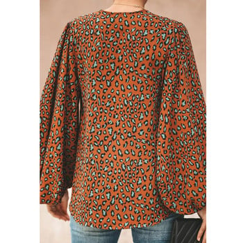 Γυναικεία μπλούζα με στάμπα Leopard Lady Loose με λαιμόκοψη V με μακρύ μανίκι φανάρι Μπλούζες AM2258