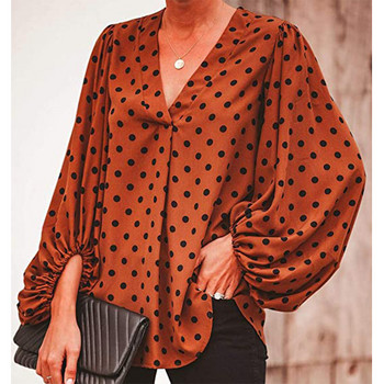 Γυναικεία μπλούζα με στάμπα Leopard Lady Loose με λαιμόκοψη V με μακρύ μανίκι φανάρι Μπλούζες AM2258