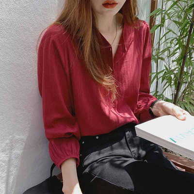 Jesenska pamučna tanka košulja dugih rukava Ženska vinsko crvena donja košulja Jednobojna jednobojna ležerna bluza Blusa 11682