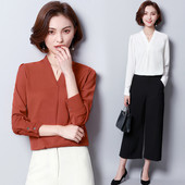 Proljeće Ljeto Košulja od šifona Nove široke korejske bluze s V-izrezom dugih rukava Ženske velike veličine Čiste boje Topovi za slobodno vrijeme H9049