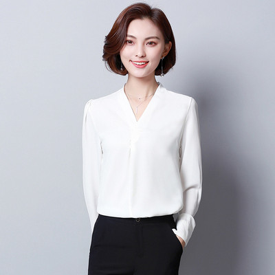 Proljeće Ljeto Košulja od šifona Nove široke korejske bluze s V-izrezom dugih rukava Ženske velike veličine Čiste boje Topovi za slobodno vrijeme H9049