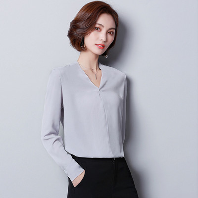 Proljeće Ljeto Košulja od šifona Nove široke korejske bluze s V-izrezom dugih rukava Ženske velike veličine Čiste boje Topovi za slobodno vrijeme H9049