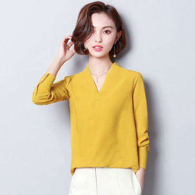 Proljeće Ljeto Košulja od šifona Nove široke korejske bluze s V-izrezom dugih rukava Ženske velike veličine Čiste boje Topovi za slobodno vrijeme H9049