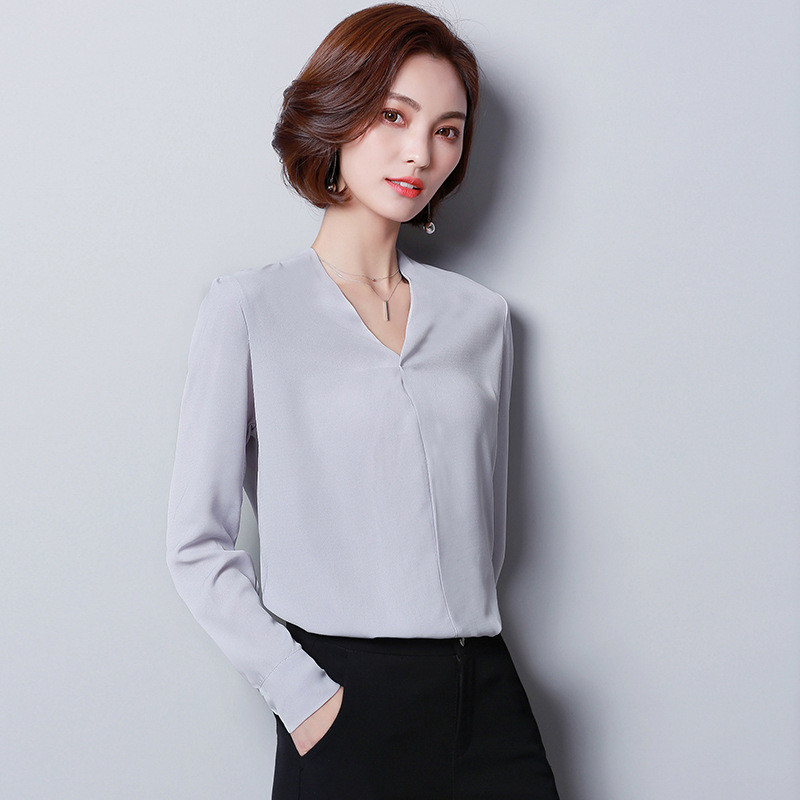 Proljeće Ljeto Košulja od šifona Nove široke korejske bluze s V-izrezom dugih rukava Ženske velike veličine Čiste boje Topovi za slobodno vrijeme H9049
