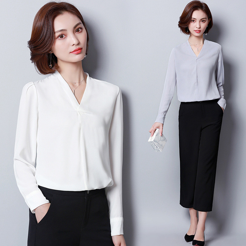 Proljeće Ljeto Košulja od šifona Nove široke korejske bluze s V-izrezom dugih rukava Ženske velike veličine Čiste boje Topovi za slobodno vrijeme H9049