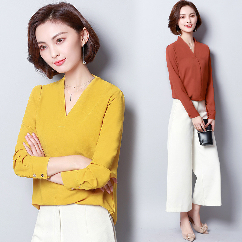 Proljeće Ljeto Košulja od šifona Nove široke korejske bluze s V-izrezom dugih rukava Ženske velike veličine Čiste boje Topovi za slobodno vrijeme H9049