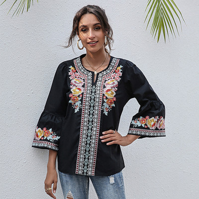 Sieviešu izšūšana Blūze ar ziedu apdruku Sieviešu ar garām piedurknēm vienkāršā gadījuma brīvi topi krekli Ikdienas pavasara rudens krekls