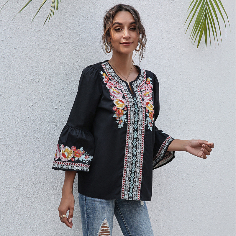 Sieviešu izšūšana Blūze ar ziedu apdruku Sieviešu ar garām piedurknēm vienkāršā gadījuma brīvi topi krekli Ikdienas pavasara rudens krekls