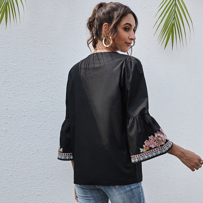 Sieviešu izšūšana Blūze ar ziedu apdruku Sieviešu ar garām piedurknēm vienkāršā gadījuma brīvi topi krekli Ikdienas pavasara rudens krekls