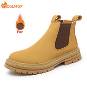 Nauji žiemos mados šilti pliušiniai sniego batai karvės zomšos odiniai vyriški batai vyriški kulkšnies „Chelsea“ batai, slystantys motociklo batai, dideli