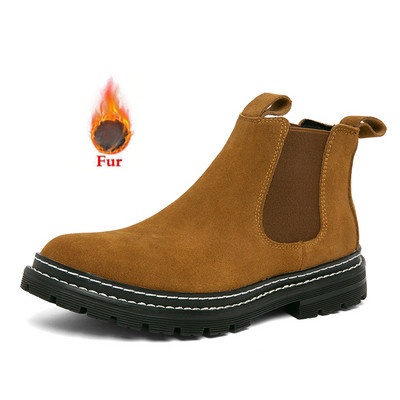 Nauji žiemos mados šilti pliušiniai sniego batai karvės zomšos odiniai vyriški batai vyriški kulkšnies „Chelsea“ batai, slystantys motociklo batai, dideli