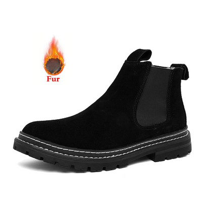 Nauji žiemos mados šilti pliušiniai sniego batai karvės zomšos odiniai vyriški batai vyriški kulkšnies „Chelsea“ batai, slystantys motociklo batai, dideli