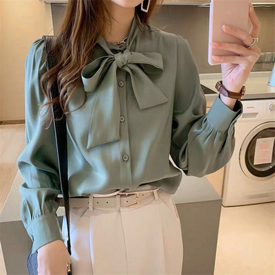 Ready Stock Sweet Sieviešu tauriņš ar laternas piedurknēm krekls Trend korejiešu rudens brīvs gadījuma pogas ar garām piedurknēm