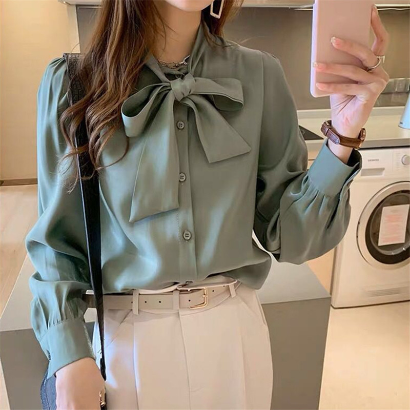 Ready Stock Sweet Sieviešu tauriņš ar laternas piedurknēm krekls Trend korejiešu rudens brīvs gadījuma pogas ar garām piedurknēm