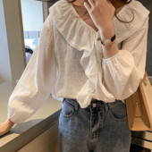 Populāri sieviešu volāni Blūze ar garām piedurknēm Salda rudens balts krekls Vasaras saules aizsargkrēms brīvi ikdienas topi