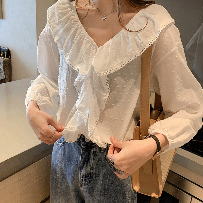 Populāri sieviešu volāni Blūze ar garām piedurknēm Salda rudens balts krekls Vasaras saules aizsargkrēms brīvi ikdienas topi