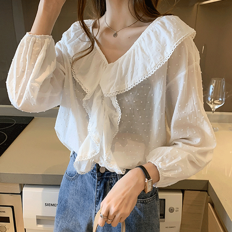 Populāri sieviešu volāni Blūze ar garām piedurknēm Salda rudens balts krekls Vasaras saules aizsargkrēms brīvi ikdienas topi