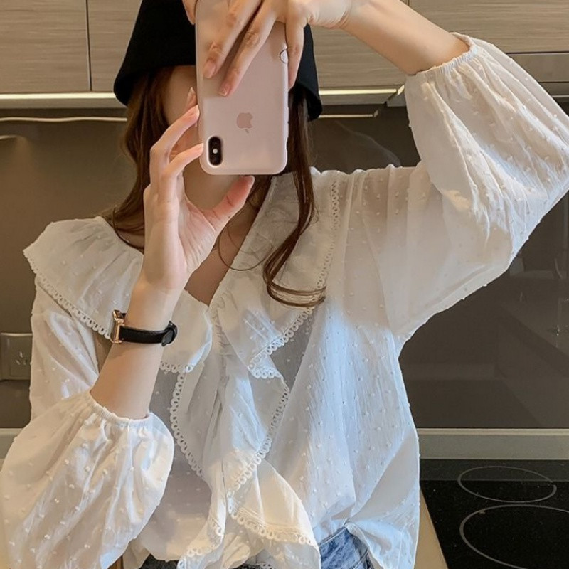 Populāri sieviešu volāni Blūze ar garām piedurknēm Salda rudens balts krekls Vasaras saules aizsargkrēms brīvi ikdienas topi