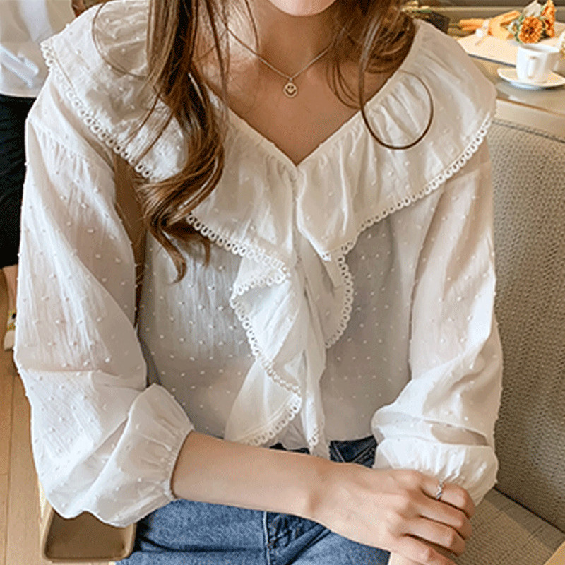Populāri sieviešu volāni Blūze ar garām piedurknēm Salda rudens balts krekls Vasaras saules aizsargkrēms brīvi ikdienas topi