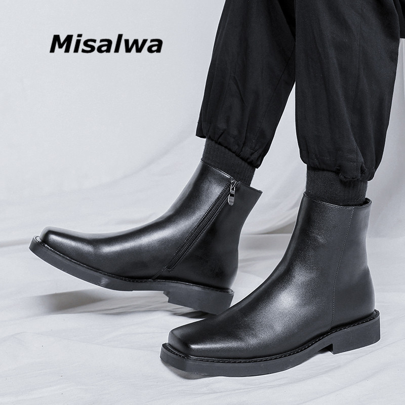 Misalwa British Concise vīriešu zābaki Eleganti svinīgie zābaki Vīriešu kvadrātveida purngala biznesa zābaki rāvējslēdzēja padeve Jaunu vīriešu apavi