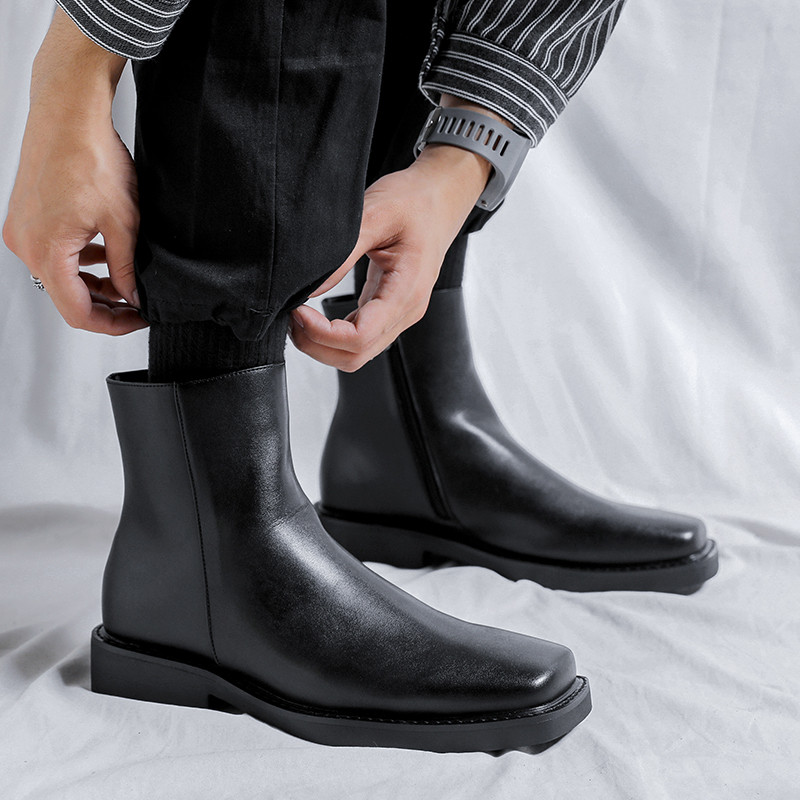 Misalwa British Concise vīriešu zābaki Eleganti svinīgie zābaki Vīriešu kvadrātveida purngala biznesa zābaki rāvējslēdzēja padeve Jaunu vīriešu apavi