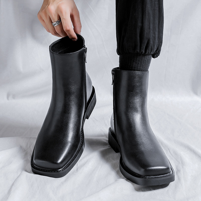 Misalwa British Concise vīriešu zābaki Eleganti svinīgie zābaki Vīriešu kvadrātveida purngala biznesa zābaki rāvējslēdzēja padeve Jaunu vīriešu apavi