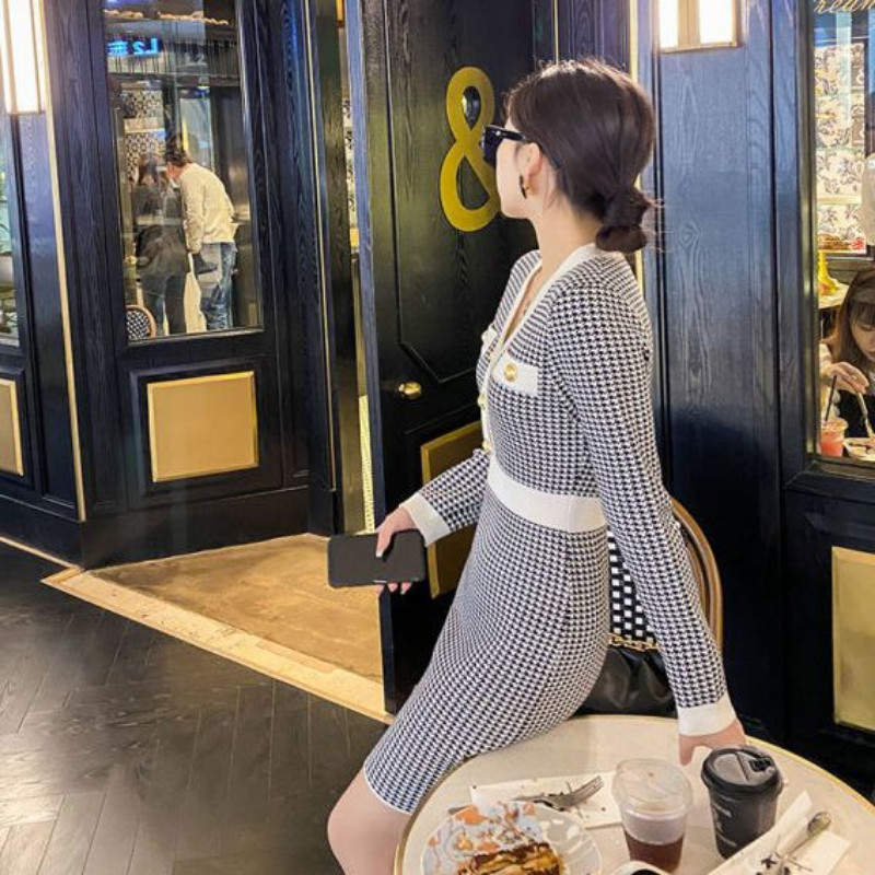 Ženske haljine za maturalnu večer, svečana odjeća za zabavu 2023. Pletena, seksi odvažna ženska haljina, karirana heklana haljina u korejskom stilu, dugih rukava