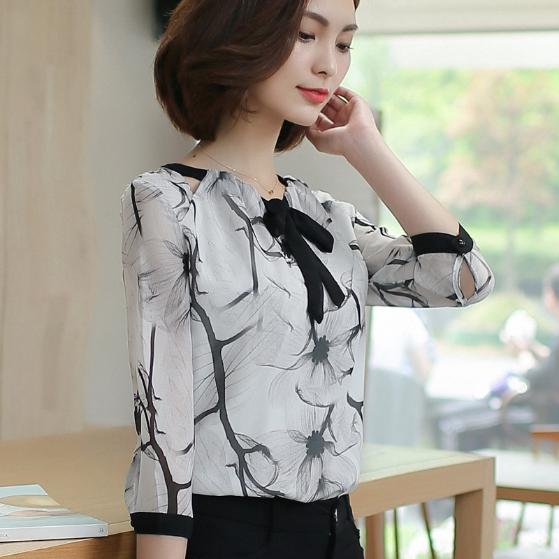 Košulja od šifona s mašnama Ženske tričetvrt bluze s otisnutim gornjim dijelovima Ženske ženske modne temperamentne donje majice Odjeća H9043