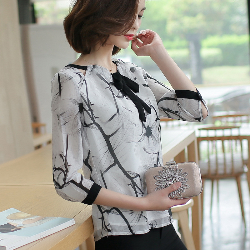 Košulja od šifona s mašnama Ženske tričetvrt bluze s otisnutim gornjim dijelovima Ženske ženske modne temperamentne donje majice Odjeća H9043