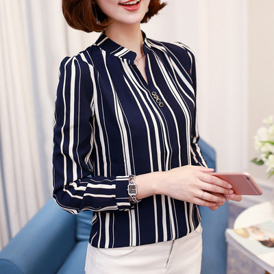 Šifon Ležerna košulja dugih rukava Jesen Proljeće Nova ženska V ovratnik Prugasta bluza Uredske ženske radne donje majice Top H9030
