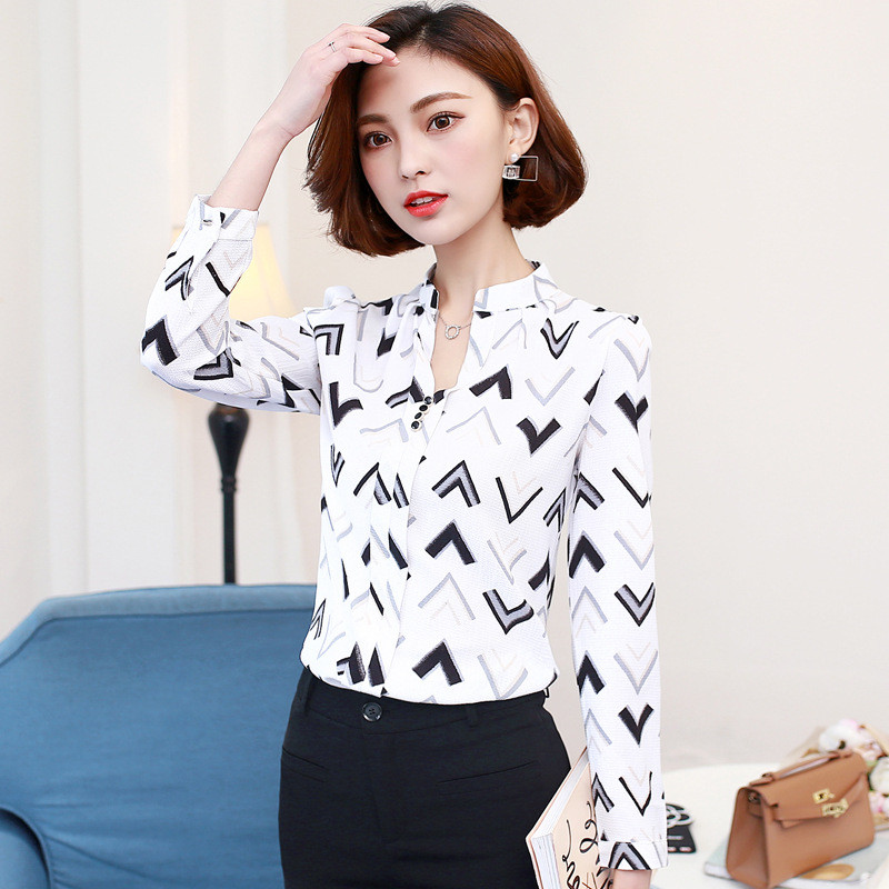 Šifon Ležerna košulja dugih rukava Jesen Proljeće Nova ženska V ovratnik Prugasta bluza Uredske ženske radne donje majice Top H9030