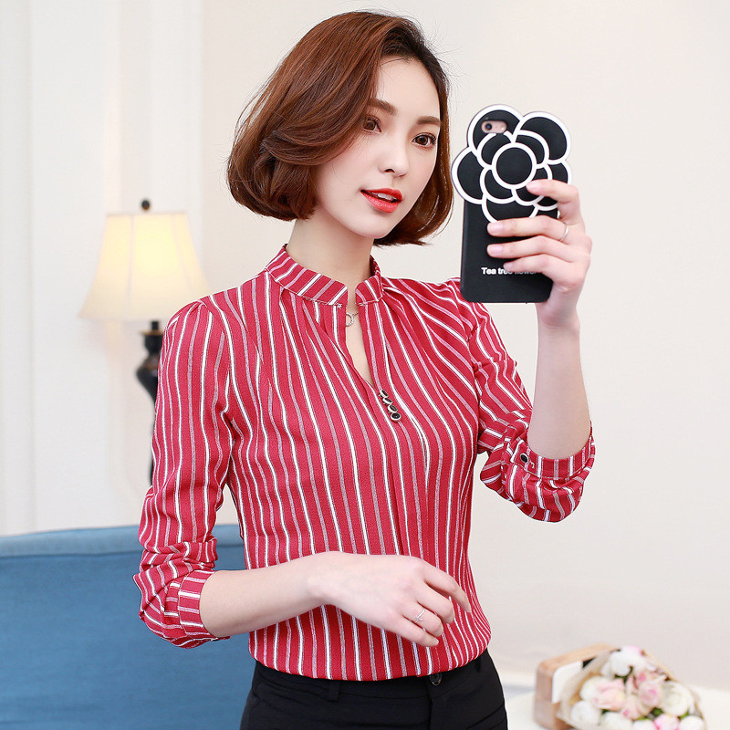 Šifon Ležerna košulja dugih rukava Jesen Proljeće Nova ženska V ovratnik Prugasta bluza Uredske ženske radne donje majice Top H9030