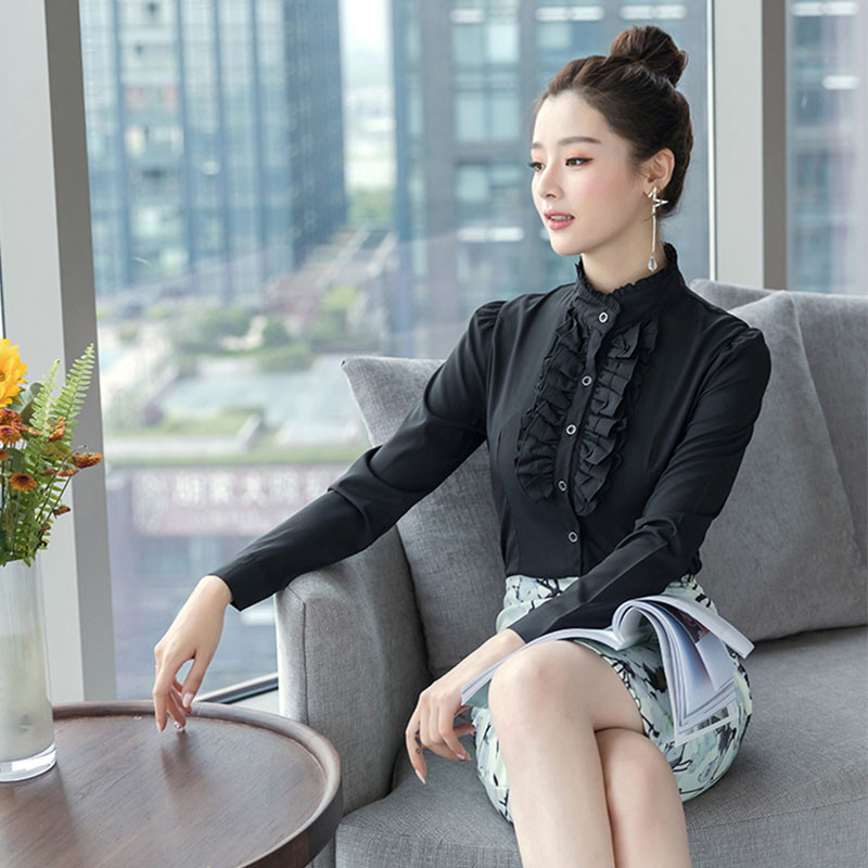 Ženska šifonska bluza sa stojećim ovratnikom sprijeda s naborima Ženska Lolita košulja dugih rukava Šifonske košulje Uredske dame