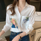 Cămașă din șifon de primăvară toamnă pentru femei, albă, cu mânecă lungă, cu imprimeu, cămașă ocazională pentru femei, topuri de bază la modă