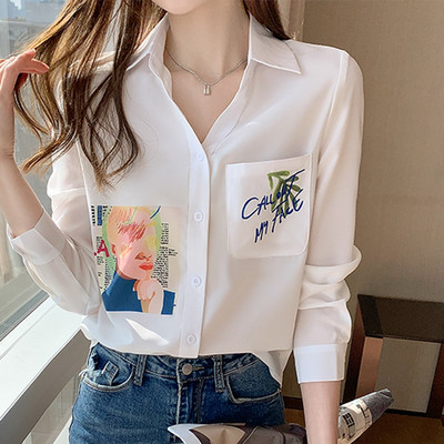 Cămașă din șifon de primăvară toamnă pentru femei, albă, cu mânecă lungă, cu imprimeu, cămașă ocazională pentru femei, topuri de bază la modă