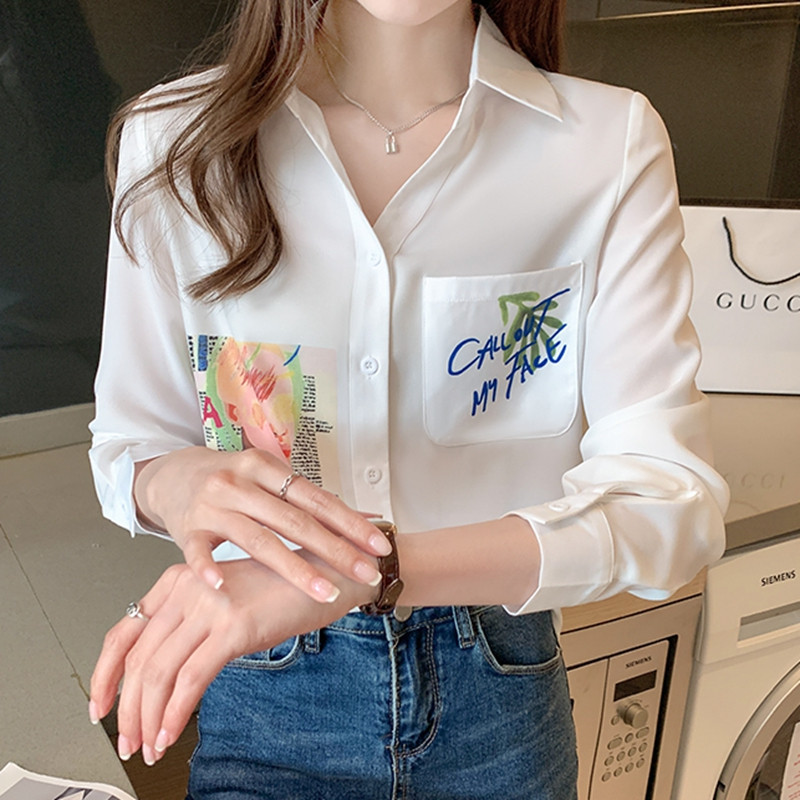 Cămașă din șifon de primăvară toamnă pentru femei, albă, cu mânecă lungă, cu imprimeu, cămașă ocazională pentru femei, topuri de bază la modă