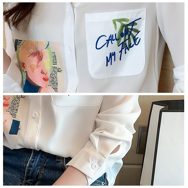 Cămașă din șifon de primăvară toamnă pentru femei, albă, cu mânecă lungă, cu imprimeu, cămașă ocazională pentru femei, topuri de bază la modă