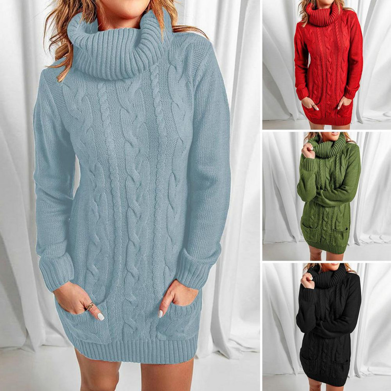 Ženska dolčevita Twist Pleteni topli džemper dugih rukava jesen zima mini haljina zadebljani pulover retro