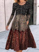 Ženska ležerna patchwork haljina okruglog izreza Elegantna ženska haljina dugih rukava s vintage printom Jesen Zima Osnovna haljina s džepovima do sredine potkoljenice