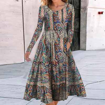 Ženska ležerna patchwork haljina okruglog izreza Elegantna ženska haljina dugih rukava s vintage printom Jesen Zima Osnovna haljina s džepovima do sredine potkoljenice