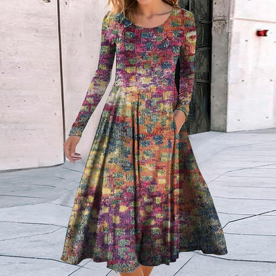 Ženska ležerna patchwork haljina okruglog izreza Elegantna ženska haljina dugih rukava s vintage printom Jesen Zima Osnovna haljina s džepovima do sredine potkoljenice