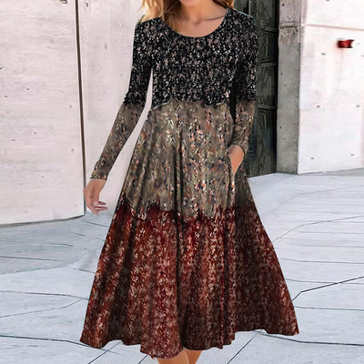 Ženska ležerna patchwork haljina okruglog izreza Elegantna ženska haljina dugih rukava s vintage printom Jesen Zima Osnovna haljina s džepovima do sredine potkoljenice