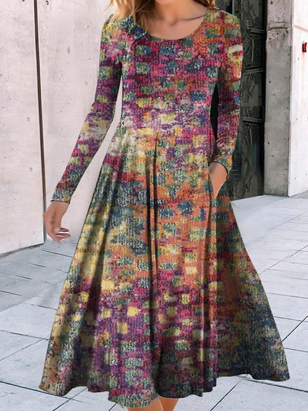 Ženska ležerna patchwork haljina okruglog izreza Elegantna ženska haljina dugih rukava s vintage printom Jesen Zima Osnovna haljina s džepovima do sredine potkoljenice