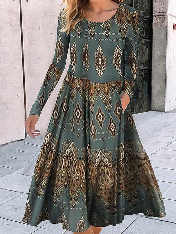 Ženska ležerna patchwork haljina okruglog izreza Elegantna ženska haljina dugih rukava s vintage printom Jesen Zima Osnovna haljina s džepovima do sredine potkoljenice