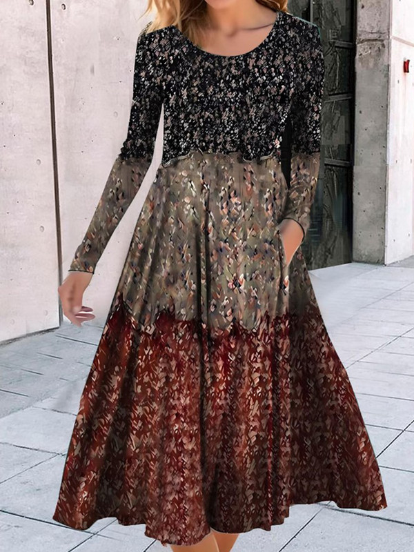 Ženska ležerna patchwork haljina okruglog izreza Elegantna ženska haljina dugih rukava s vintage printom Jesen Zima Osnovna haljina s džepovima do sredine potkoljenice