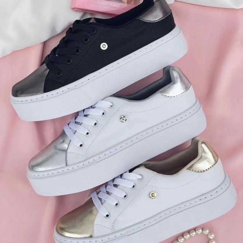 Moda pantofi negri cu șiret Tendință vârf rotund Casual anti-alunecare pantofi de alergare cu nituri Toamnă piele confortabil pantofi vulcanizati pentru femei