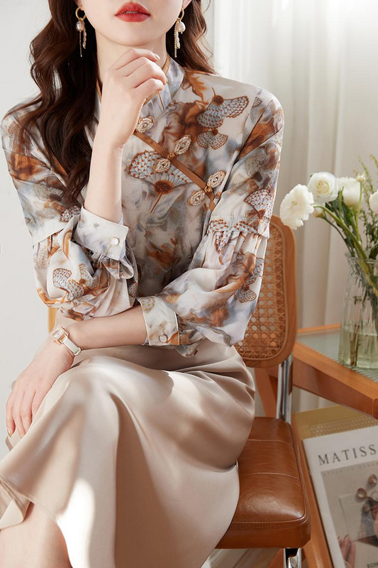 Vintage κινέζικο στιλ εμπριμέ σατέν πουκάμισα από μετάξι Γυναικείες μπλούζες Casual Slim Stand με μακρυά μανίκια μπλουζάκια Cheongsam