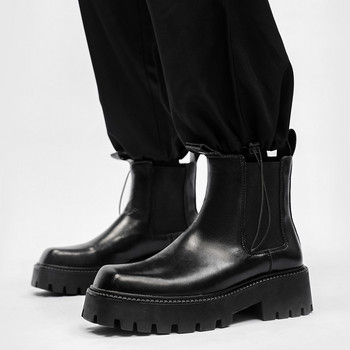 Кожени ботуши на платформа в британски стил Мъжки ботуши на дебел ток Мъжки обувки с квадратни пръсти Ежедневни обувки Челси Ботуши Botas Hombre