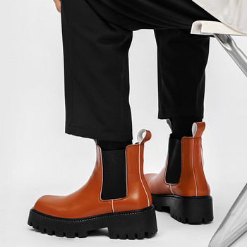 Кожени ботуши на платформа в британски стил Мъжки ботуши на дебел ток Мъжки обувки с квадратни пръсти Ежедневни обувки Челси Ботуши Botas Hombre